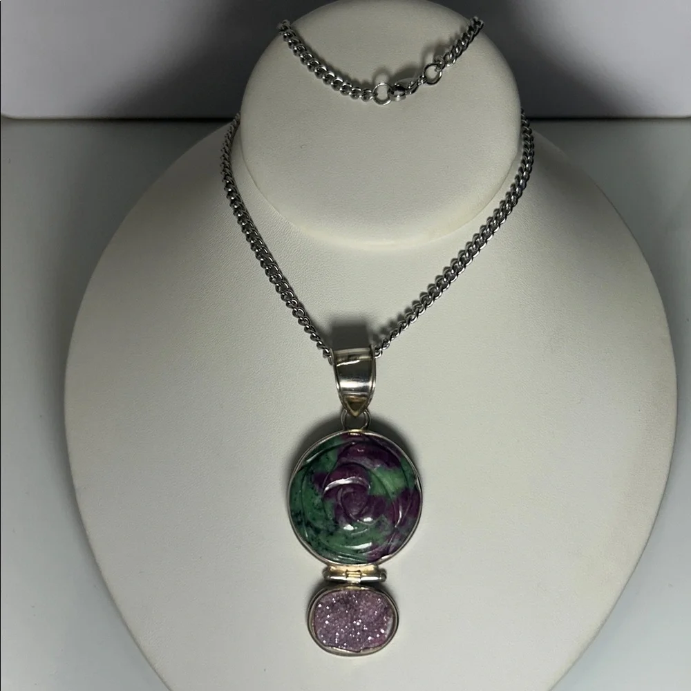 Artisan Made Vintage Sterling Silver Multi Gemstone Pendant Necklace